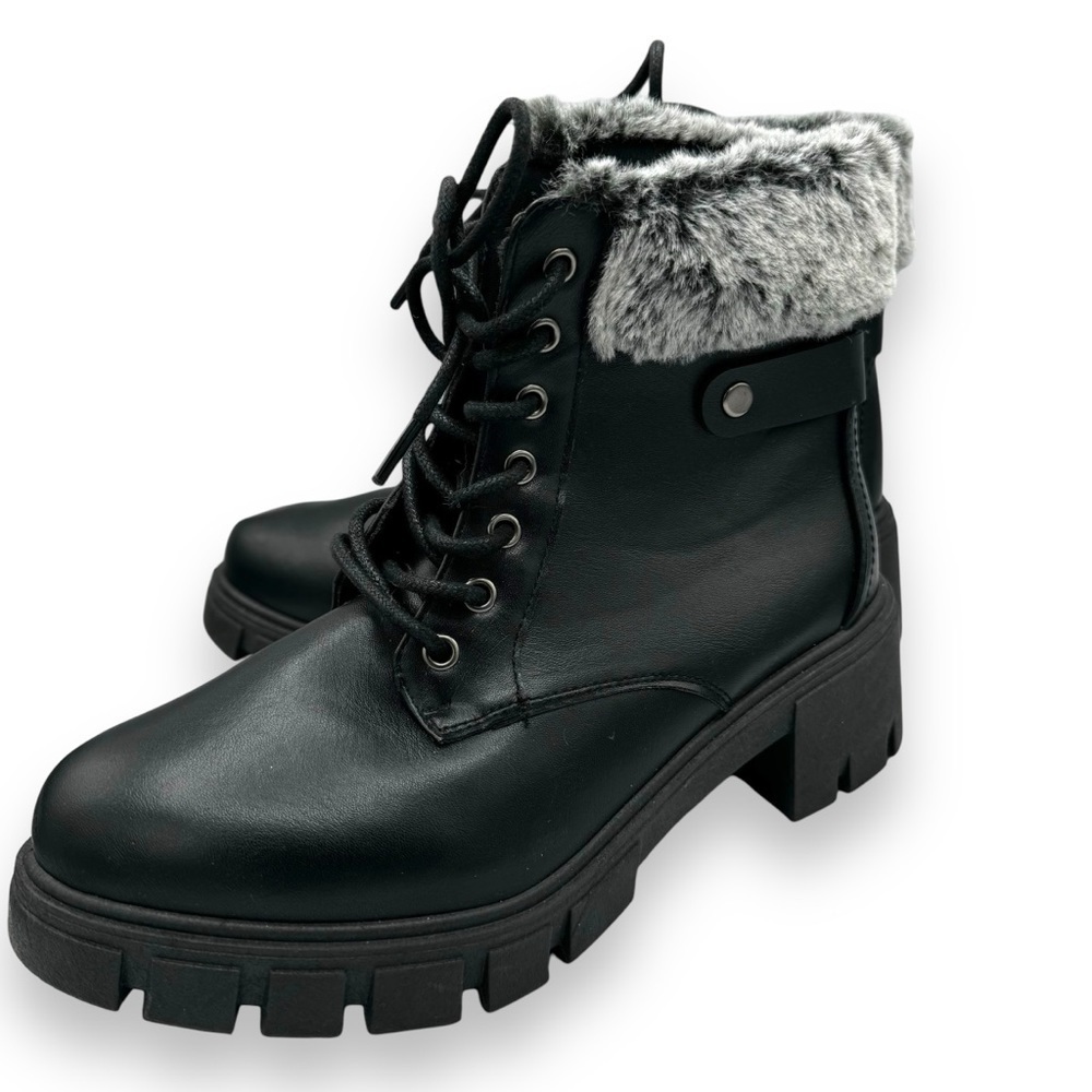 Wanted Quicksand Faux Fur Vegan Trimmed Combat Booties, Black, Size 7